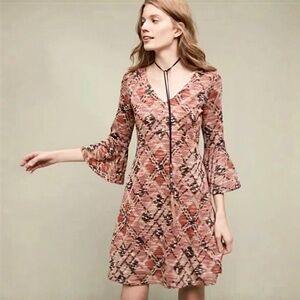 Anthropologie Maeve Erina Bell Sleeve V Neck Knit Dress Size S Pink Argyle Print